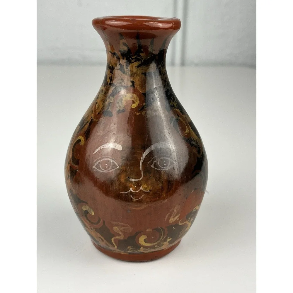 Tonala Pottery Vase Sun Angel Ortiz Gabriel Mexico Handpainted 5.75